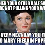 Mary Poppins | WHEN YOUR OTHER HALF SAYS YOU'RE NOT PULLING YOUR WEIGHT; THE VERY NEXT DAY YOU TURN INTO MARY FREAKIN POPPINS | image tagged in mary poppins | made w/ Imgflip meme maker