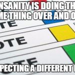 political poll | INSANITY IS DOING THE SAME THING OVER AND OVER; AND EXPECTING A DIFFERENT RESULT | image tagged in political poll | made w/ Imgflip meme maker