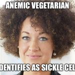 Rachel Dolezal | ANEMIC VEGETARIAN; IDENTIFIES AS SICKLE CELL | image tagged in rachel dolezal,memes | made w/ Imgflip meme maker