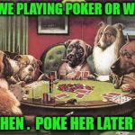 pokerdogs | ARE WE PLAYING POKER OR WHAT? OK THEN .  POKE HER LATER ON ! | image tagged in pokerdogs | made w/ Imgflip meme maker