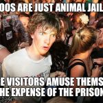 Sudden Clarity Clarence Large | ZOOS ARE JUST ANIMAL JAILS; WHERE VISITORS AMUSE THEMSELVES AT THE EXPENSE OF THE PRISONERS | image tagged in sudden clarity clarence large | made w/ Imgflip meme maker