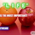 Life is important !And is to be held above 
all other things ! | "🇱🇮🇫🇪"; IS THE MOST IMPORTANT! HEATHCARE; INSURANCE | image tagged in apples and oranges,life,oh snap,shit yeah,true | made w/ Imgflip meme maker
