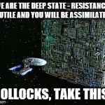 borg | "WE ARE THE DEEP STATE - RESISTANCE IS FUTILE AND YOU WILL BE ASSIMILATED"; "BOLLOCKS, TAKE THIS!" | image tagged in borg | made w/ Imgflip meme maker