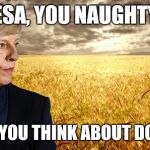 Theresa May Wheatfields | THERESA, YOU NAUGHTY GIRL; DON'T YOU THINK ABOUT DOING IT | image tagged in theresa may wheatfields | made w/ Imgflip meme maker