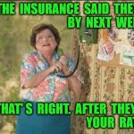State Farm old lady on the phone | JIMMY,  THE  INSURANCE  SAID  THEY' LL 
 BE                                   BY  NEXT  WEEK; THAT' S  RIGHT.  AFTER  THEY  RAISE                               YOUR  RATES. | image tagged in state farm old lady on the phone | made w/ Imgflip meme maker