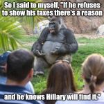 Gorilla lecture | So I said to myself, "If he refuses to show his taxes there's a reason; and he knows Hillary will find it." | image tagged in gorilla lecture | made w/ Imgflip meme maker