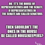 Congress | OK , IT'S THE HOUSE OF REPRESENTATIVES AND THE SENATE. IF REPRESENTATIVES IN THE SENATE ARE CALLED SENATORS; THEN SHOULDN'T THE ONES IN THE HOUSE BE CALLED HOUSEKEEPERS? | image tagged in laughing at bullies,political meme,congress | made w/ Imgflip meme maker