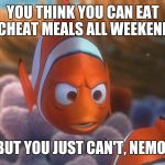 Nemo and Marlin | YOU THINK YOU CAN EAT CHEAT MEALS ALL WEEKEND; BUT YOU JUST CAN'T, NEMO! | image tagged in nemo and marlin | made w/ Imgflip meme maker