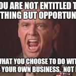 you can't jhandle the truth | YOU ARE NOT ENTITLED TO ANYTHING BUT OPPORTUNITY! WHAT YOU CHOOSE TO DO WITH IT IS YOUR OWN BUSINESS,  NOT MINE | image tagged in you can't jhandle the truth | made w/ Imgflip meme maker