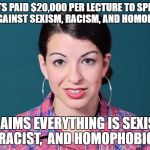 Anita Sarkeesian | GETS PAID $20,000 PER LECTURE TO SPEAK OUT AGAINST SEXISM, RACISM, AND HOMOPHOBIA; CLAIMS EVERYTHING IS SEXIST, RACIST,  AND HOMOPHOBIC | image tagged in anita sarkeesian | made w/ Imgflip meme maker