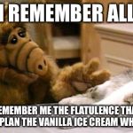 Alf | I REMEMBER ALL; THAT REMEMBER ME THE FLATULENCE THAT I USE TO LIKE PLAN THE VANILLA ICE CREAM WHAT I DID | image tagged in alf | made w/ Imgflip meme maker