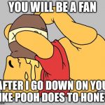 Winnie the Pooh | YOU WILL BE A FAN; AFTER I GO DOWN ON YOU LIKE POOH DOES TO HONEY! | image tagged in winnie the pooh | made w/ Imgflip meme maker