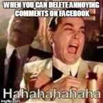 Laughing Mobsters | WHEN YOU CAN DELETE ANNOYING COMMENTS ON FACEBOOK | image tagged in laughing mobsters | made w/ Imgflip meme maker