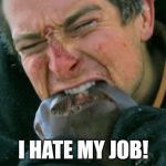 Bear Grylls Eating Disgust | I HATE MY JOB! | image tagged in bear grylls eating disgust | made w/ Imgflip meme maker