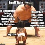 big small | Small State; Unless they pay 3X more to IRS, then it is taxation without Equal representation; In the Electoral College, Small State voters have 3X the vote over Big State voters; Big State | image tagged in big small | made w/ Imgflip meme maker