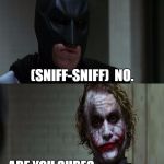 Joker scares Batman | HEY BATMAN. DO YOU SMELL MARIJUANA? (SNIFF-SNIFF)  NO. ARE YOU SURE? (SNIFF) OH MOTHER OF GOD, NASTY FART! | image tagged in joker scares batman | made w/ Imgflip meme maker