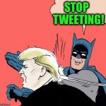 Not all of us that support his policies support his juvenile behavior.  FFS...just stop! | STOP   TWEETING! | image tagged in batman slaps trump,twitter,tweet,ffs | made w/ Imgflip meme maker