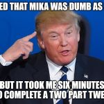 Donald Trump | TWEETED THAT MIKA WAS DUMB AS ROCKS; BUT IT TOOK ME SIX MINUTES TO COMPLETE A TWO PART TWEET | image tagged in donald trump | made w/ Imgflip meme maker