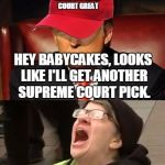 Tormentor in Chief | MAKE SUPREME COURT GREAT; HEY BABYCAKES, LOOKS LIKE I'LL GET ANOTHER SUPREME COURT PICK. NOOOOO!!!!!!!!!! | image tagged in trump hat no | made w/ Imgflip meme maker