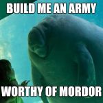 Overlord Manatee | BUILD ME AN ARMY; WORTHY OF MORDOR | image tagged in overlord manatee | made w/ Imgflip meme maker