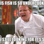 gordan ramsey yells #4 | THIS FISH IS SO UNDERCOOKED; IT'S STILL LOOKING FOR IT'S SON | image tagged in gordan ramsey yells 4 | made w/ Imgflip meme maker