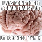 I THOUGHT of a Brain Pun | I WAS GOING TO GET A BRAIN TRANSPLANT; BUT I CHANGED MY MIND. | image tagged in scumbag brain | made w/ Imgflip meme maker
