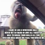 Licking monkey | I CAME IN LIKE A WRECKING BALL
I NEVER HIT SO HARD IN LOVE ALL I WANTED WAS TO BREAK YOUR WALLS
ALL YOU EVER DID WAS BREAK ME
YEAH, YOU WRECK ME | image tagged in licking monkey | made w/ Imgflip meme maker