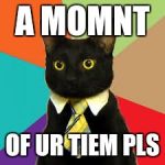 Buisness Cat  | A MOMNT; OF UR TIEM PLS | image tagged in buisness cat | made w/ Imgflip meme maker