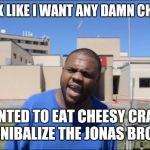 Angry Black Guy | DO I LOOK LIKE I WANT ANY DAMN CHEEZ-ITS? IF I WANTED TO EAT CHEESY CRACKERS I'D CANNIBALIZE THE JONAS BROTHERS! | image tagged in angry black guy,memes | made w/ Imgflip meme maker