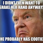 Too Slow Schmo | I DIDNT EVEN WANT TO SHAKE HER HAND ANYWAYS; SHE PROBABLY HAS COOTIES | image tagged in trump pouts | made w/ Imgflip meme maker
