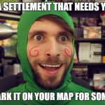 Spacehamster Tingle | I'VE GOT A SETTLEMENT THAT NEEDS YOUR HELP; LET ME MARK IT ON YOUR MAP FOR SOME RUPEES | image tagged in spacehamster tingle | made w/ Imgflip meme maker
