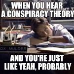 When you hear a conspiracy theory | WHEN YOU HEAR A CONSPIRACY THEORY; AND YOU'RE JUST LIKE YEAH, PROBABLY | image tagged in mulder i want to believe | made w/ Imgflip meme maker