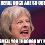 Theresa May | YOU LIBERAL DOGS ARE SO OBVIOUS; I CAN SMELL YOU THROUGH MY MOUTH | image tagged in theresa may,liberals,politics,political meme,political humor | made w/ Imgflip meme maker