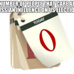 Zero Days | THE NUMBER OF PEOPLE THAT CARE ABOUT RUSSIAN INFLUENCE ON US ELECTIONS | image tagged in zero days | made w/ Imgflip meme maker