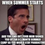 Summer Camp | WHEN SUMMER STARTS; AND YOU FIND OUT YOUR MOM SIGNED YOU UP FOR A 3 MONTH SUMMER CAMP SO YOU WOULD STAY PRODUCTIVE | image tagged in nooooo | made w/ Imgflip meme maker