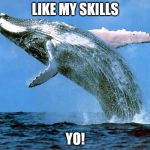 whale | LIKE MY SKILLS; YO! | image tagged in whale | made w/ Imgflip meme maker