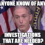 Trey Gowdy | ANYONE KNOW OF ANY; INVESTIGATIONS THAT ARE NEEDED? | image tagged in trey gowdy | made w/ Imgflip meme maker