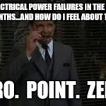 dean wormer | 4 ELECTRICAL POWER FAILURES IN THE LAST 2 MONTHS...AND HOW DO I FEEL ABOUT THAT? ZERO.  POINT.  ZERO. | image tagged in dean wormer | made w/ Imgflip meme maker