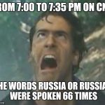 Ash v talking heads | FROM 7:00 TO 7:35 PM ON CNN; THE WORDS RUSSIA OR RUSSIAN WERE SPOKEN 66 TIMES | image tagged in cnn,cnn fake news,memes | made w/ Imgflip meme maker