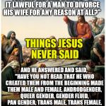 Things Jesus never said | SOME PHARISEES CAME TO JESUS, TESTING HIM AND ASKING, "IS IT LAWFUL FOR A MAN TO DIVORCE HIS WIFE FOR ANY REASON AT ALL?"; THINGS JESUS NEVER SAID; AND HE ANSWERED AND SAID, "HAVE YOU NOT READ THAT HE WHO CREATED THEM FROM THE BEGINNING MADE THEM MALE AND FEMALE, ANDRODGENDER, QUEER GENDER, GENDER FLUID, PAN GENDER, TRANS MALE, TRANS FEMALE, ATTACK HELICOPTER, TWO SPIRIT, NON BINARY, CYBER GENDER, XENO GENDER... | image tagged in things jesus never said,transgender,liberal logic,gender identity | made w/ Imgflip meme maker