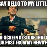 When the Meme is Terrible | SAY HELLO TO MY LITTLE; TOUCH-SCREEN GESTURE THAT HIDES YOUR POST FROM MY NEWS FEED | image tagged in scarface meme | made w/ Imgflip meme maker