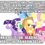 Ponies Reaction to Fanfic and...wait... | TWILIGHT IS READING A FANFIC, RARITY IS TERRIFIED AT IT, APPLEJACK DOESN'T WANT TO LOOK AT IT, BUT LOOKS AT THE WORDS ABOVE, FLUTTERSHY IS G | image tagged in watches g3 mlp | made w/ Imgflip meme maker