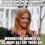 Kellyanne Conway | TODAY WE HAVE FUN WITH NUMBERS. HOW MANY FINGERS DO YOU SEE? TEN? WRONG! THE ANSWER IS, AS MANY AS I SAY THERE ARE. | image tagged in kellyanne conway | made w/ Imgflip meme maker