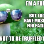 She's Not Really Into Competitive Spores | I'M A FUNGI... BUT I DON'T HAVE MUSHROOM FOR PATIENCE. I AM NOT TO BE TRUFFLED WITH. | image tagged in deal with it mushroom | made w/ Imgflip meme maker