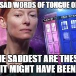 TimeLordTilda | OF ALL SAD WORDS OF TONGUE OR PEN... THE SADDEST ARE THESE, 'IT MIGHT HAVE BEEN.' | image tagged in timelordtilda,doctor who,13th doctor | made w/ Imgflip meme maker
