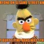 Sesame Street - Angry Bert | EVERYONE ON SESAME STREET KNEW; THAT BURT'S PIMP HAND WAS STRONG | image tagged in sesame street - angry bert | made w/ Imgflip meme maker