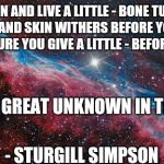 Cosmos | GO ON AND LIVE A LITTLE - BONE TURNS BRITTLE AND SKIN WITHERS BEFORE YOUR EYES - MAKE SURE YOU GIVE A LITTLE - BEFORE YOU GO; TO THE GREAT UNKNOWN IN THE SKY; - STURGILL SIMPSON | image tagged in cosmos | made w/ Imgflip meme maker