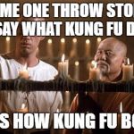 kung fu grasshopper | SOME ONE THROW STONE, I SAY WHAT KUNG FU DAT DATS HOW KUNG FU BORN | image tagged in kung fu grasshopper | made w/ Imgflip meme maker