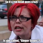 Red Head Potty Mouth 2 | So if a red head goes crazy; Is she called, "Ginger Snaps"? | image tagged in red head potty mouth 2 | made w/ Imgflip meme maker