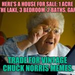 Your Memes Are Worth Something | HERE'S A HOUSE FOR SALE: 1 ACRE BY THE LAKE, 3 BEDROOM, 2 BATHS, GARAGE TRADE FOR VINTAGE CHUCK NORRIS MEMES. | image tagged in memes,grandma finds the internet | made w/ Imgflip meme maker